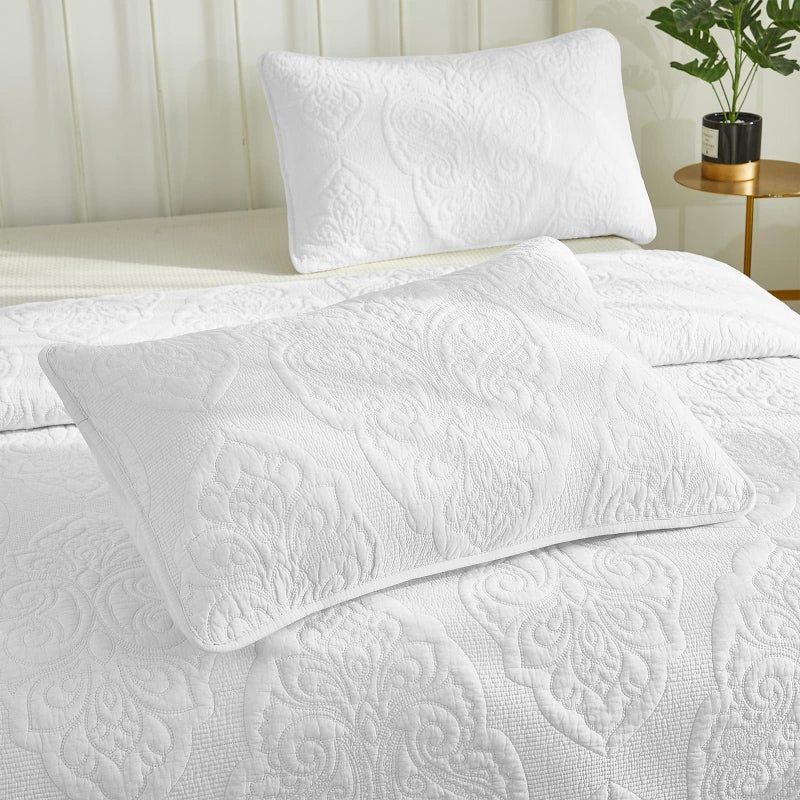 Brandream King Size Quilt Set Cotton White Quilts Vintage Quilted Comforter Set Queen Bedspreads Paisley Matelasse Coverlet Set 3-Piece - Image 5